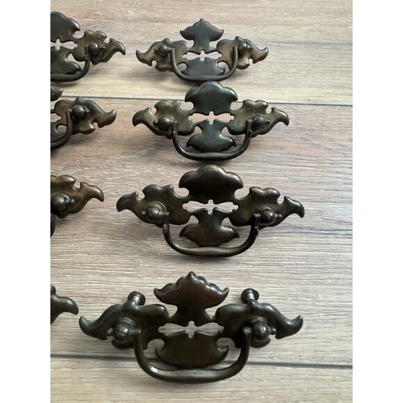 Vintage Brass Drawer Pulls Victorian Gold Batwing Chippendale Bail Pull Set 12 - Picture 4 of 9